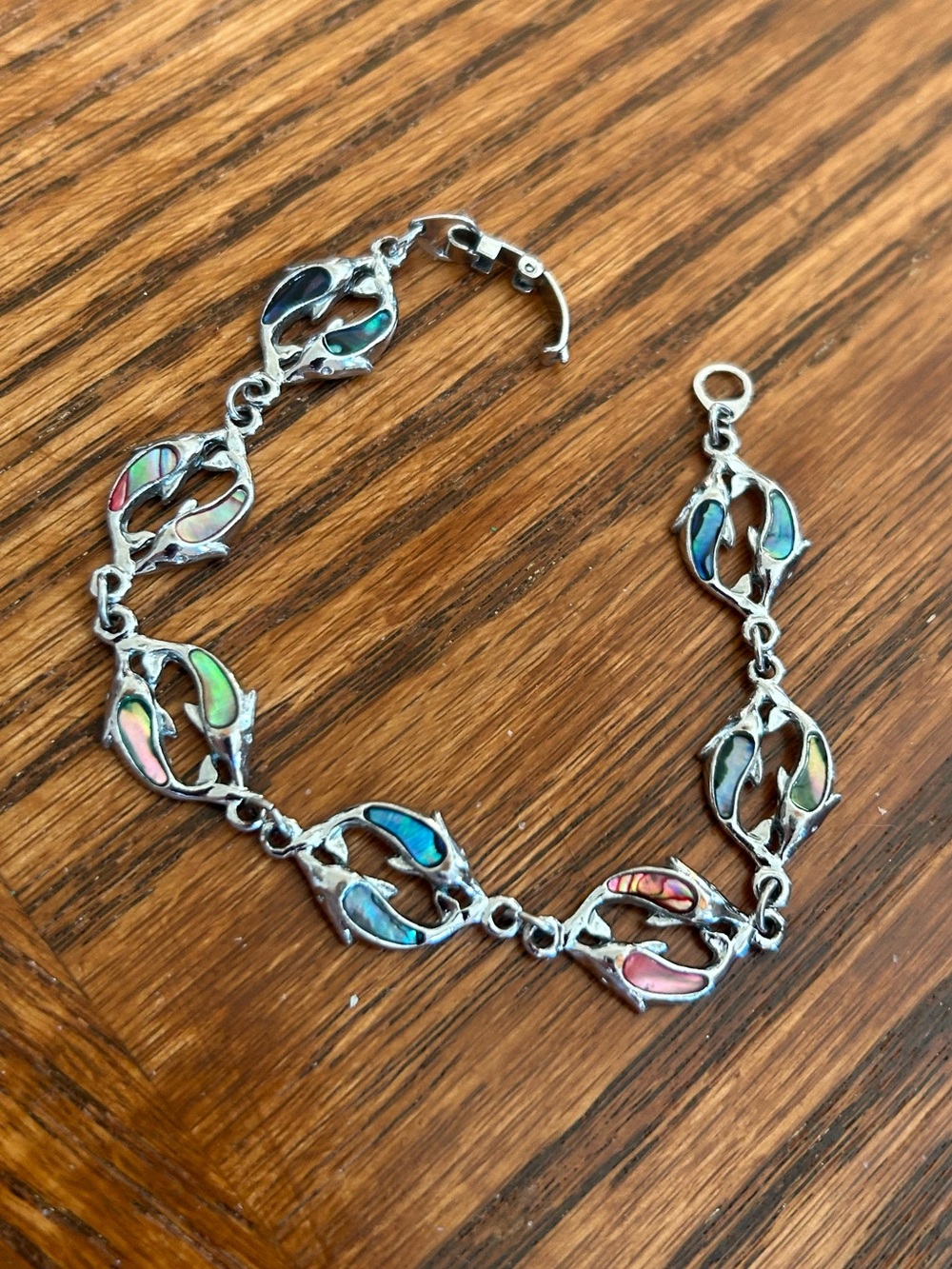 Vintage Silver Tone Dyed Abalone Dolphin Link Bracelet